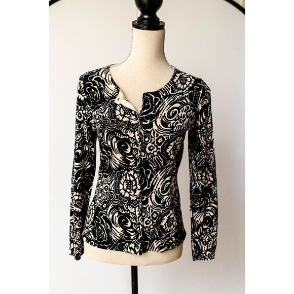 Talbots Petites Pure Italian Merino Wool Black & White Floral Cardigan Sweater S - Picture 1 of 6